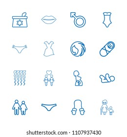 Girl icon. collection of 16 girl outline icons such as baby mitten, baby, woman hairstyle, make up bag, female underwear, swimsuit. editable girl icons for web and mobile.