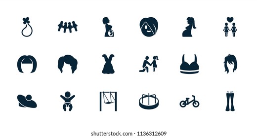 Girl icon. collection of 18 girl filled icons such as child bicycle, child playground carousel, woman hairstyle, woman pants, dress. editable girl icons for web and mobile.