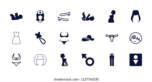 Girl icon. collection of 18 girl filled and outline icons such as baby, woman hairstyle, bikini, hair barrette, male wc, woman pants. editable girl icons for web and mobile.