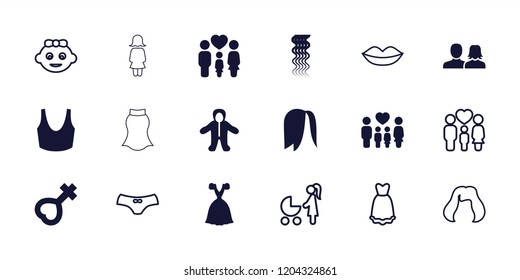 Girl icon. collection of 18 girl filled and outline icons such as man and woman, curly hair, sport bra, dress, family, female, lips. editable girl icons for web and mobile.