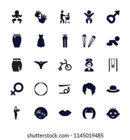 Girl icon. collection of 25 girl filled icons such as baby, child bicycle, straight hair, woman hairstyle, lips, hair barrette. editable girl icons for web and mobile.