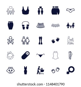 Girl icon. collection of 25 girl filled and outline icons such as baby hands, panties with heart, sport bra, woman pants, skirt, dress. editable girl icons for web and mobile.