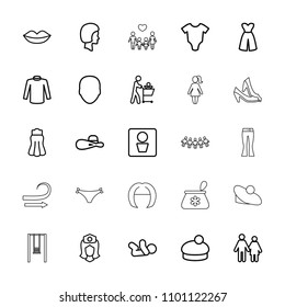 Girl icon. collection of 25 girl outline icons such as man wc, baby onesie, baby, face, lips, sweater, skirt, dress, woman hat, couple. editable girl icons for web and mobile.