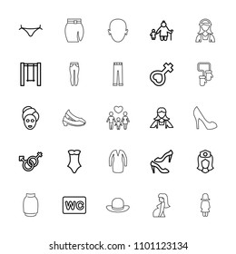 Girl icon. collection of 25 girl outline icons such as panties with heart, spa mask, maid, wc, shoe, swimsuit, old woman and child. editable girl icons for web and mobile.