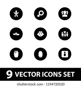 Girl icon. collection of 9 girl filled icons such as woman symbol, family, woman wc, baby, skirt. editable girl icons for web and mobile.