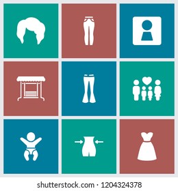 Girl icon. collection of 9 girl filled icons such as woman wc, woman hairstyle, slim, woman pants, dress, family, newborn child. editable girl icons for web and mobile.