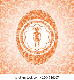 girl icon inside abstract emblem, orange mosaic background