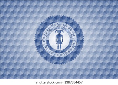girl icon inside blue emblem or badge with abstract geometric polygonal pattern background.