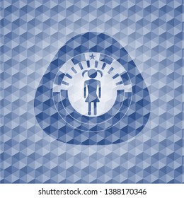 girl icon inside blue emblem or badge with geometric pattern background.