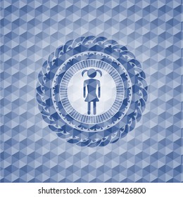 girl icon inside blue emblem with geometric background.