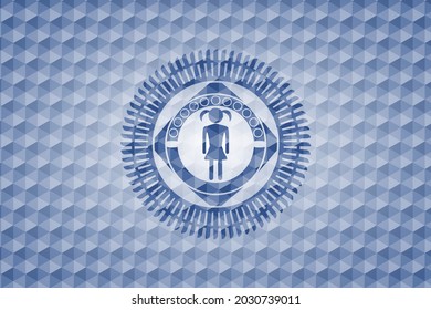 girl icon inside blue emblem with geometric pattern background. 