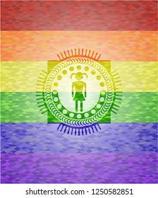 girl icon inside emblem on mosaic background with the colors of the LGBT flag