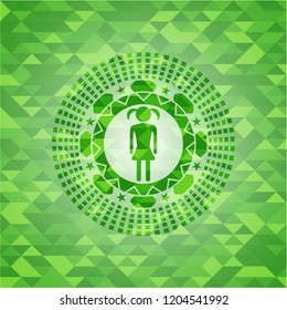 girl icon inside green emblem with mosaic ecological style background