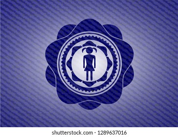 girl icon inside jean or denim emblem or badge background