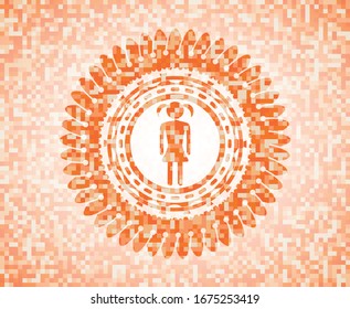 girl icon inside orange mosaic emblem with background