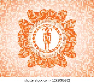 girl icon inside orange tile background illustration. Square geometric mosaic seamless pattern with emblem inside.
