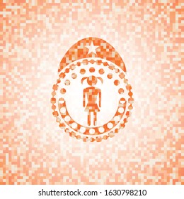 girl icon inside orange tile background illustration. Square geometric mosaic seamless pattern with emblem inside.