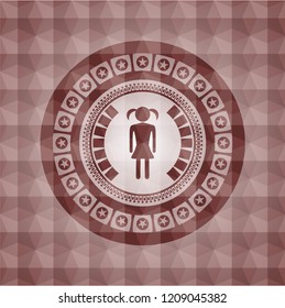 girl icon inside red seamless emblem or badge with abstract geometric polygonal pattern background.