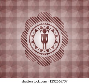 girl icon inside red seamless emblem or badge with geometric pattern background.