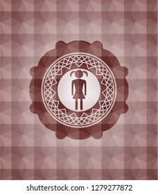girl icon inside red seamless emblem or badge with abstract geometric pattern background.