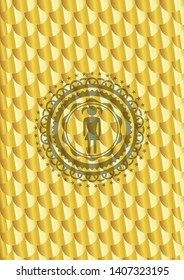girl icon inside shiny golden badge. Scales pattern. Vector Illustration. Detailed.