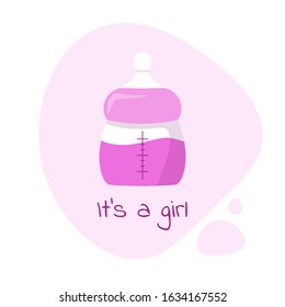 It's a girl icon. Pink bottle for milk, baby shower in flat style