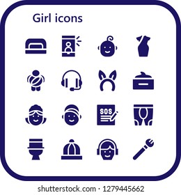  girl icon set. 16 filled girl icons. Simple modern icons about  - Nail dryer, Selfie, Baby, Cheongsam, Childhood, Support, Headband, Hair mask, Maid, Girl, Leggings, Toilet, Baby hat
