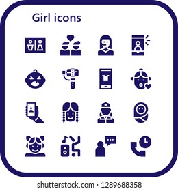  girl icon set. 16 filled girl icons. Simple modern icons about  - Wc, Couple, Teleoperator, Selfie, Baby, Fashion, Girl, Nurse, Dancer, Supporter, Support