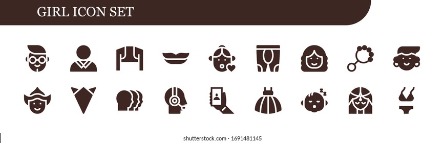 girl icon set. 18 filled girl icons.  Simple modern icons such as: Boy, Avatar, Bolero, Lips, Girl, Leggings, Woman, Rattle, Handkerchief, Heads, Customer service, Selfie, Dress