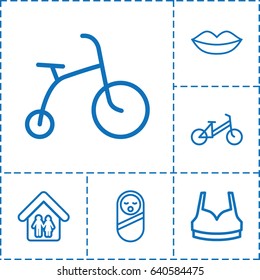 Girl icon. set of 6 girl outline icons such as baby food, child bicycle, lips, sport bra