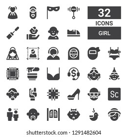 girl icon set. Collection of 32 filled girl icons included Woman, Duck, Baby, Saloon, Avatar, Child, Scout, Heels, Patch, Maloik, Birthday girl, Telemarketing, Bikini, Wax, Mask