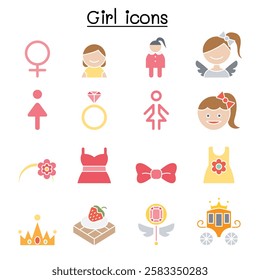 Girl icon set  in flat color style