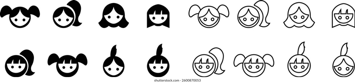 girl icon set, generations avatars, Aging and Growing Process vector icons, girls characters template, isolated on transparent background, for social media and networking, apps design and development,