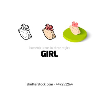 Girl icon, vector symbol in flat, outline and isometric style