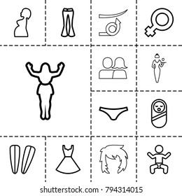 Girl icons. set of 13 editable outline girl icons such as baby, baby food, hair barrette, female underwear, woman pants, dress, woman symbol, straight hair, hairstyle