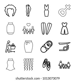 Girl icons. set of 16 editable outline girl icons such as straight hair, hairstyle, hair barrette, tights, dress, family, newborn child, father with not in shopping cart