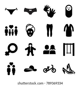 Girl icons. set of 16 editable filled girl icons such as baby food, child bicycle, baby, spa mask, dress, woman pants, woman symbol, swing, family, couple, baby hands