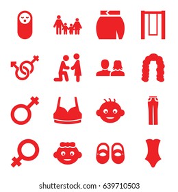 Girl icons set. set of 16 girl filled icons such as baby, baby girl, female, man and woman, hairstyle, sport bra, swimsuit, woman pants, skirt, male, male and female
