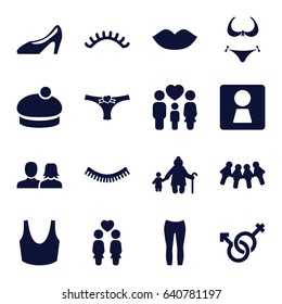 Girl icons set. set of 16 girl filled icons such as woman wc, man and woman, eyelash, lips, bikini, eyelashes, sport bra, women couple, family, male and female