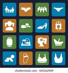 Girl icons set. set of 16 girl filled icons such as baby toy, baby basket, girl, woman face with flower in hair, female underwear, sport bra, skirt, woman hat, nurse