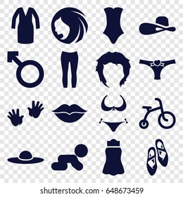 Girl icons set. set of 16 girl filled icons such as child bicycle, baby hands, woman hairstyle, bikini, hairstyle, swimsuit, dress, woman pants, skirt, love