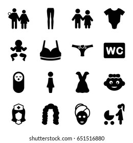 Girl icons set. set of 16 girl filled icons such as baby onesie, baby girl, woman, hairstyle, spa mask, wc, sport bra, woman pants, dress, nurse, panties with heart, couple