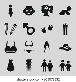 Girl icons set. set of 16 girl filled icons such as baby girl, baby hands, woman, curly hair, woman hairstyle, bikini, hair barrette, sport bra, male, dress, couple
