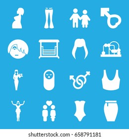 Girl icons set. set of 16 girl filled icons such as baby food, baby toy, woman hairstyle, casino girl, sport bra, swimsuit, woman pants, skirt, emo emot, swing, couple