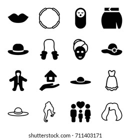 Girl icons set. set of 16 girl filled and outline icons such as baby food, baby mitten, baby, lips, woman hat, spa mask, skirt, family, house insurance, woman hairstyle