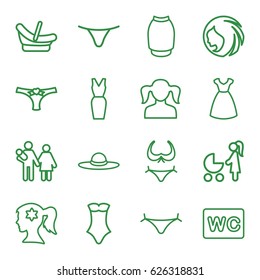 Girl icons set. set of 16 girl outline icons such as baby basket, woman hairstyle, girl, panties with heart, woman face with flower in hair, bikini, dress, WC