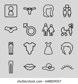 Girl icons set. set of 16 girl outline icons such as woman wc, baby onesie, hairstyle, dress, woman hat, eyelashes, female underwear, women couple, love, panties with heart