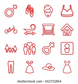 Girl icons set. set of 16 girl outline icons such as man wc, child bicycle, curly hair, dress, woman hat, spa mask, sport bra, woman pants, swing, family, male, female