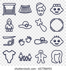 Girl icons set. set of 16 girl outline icons such as baby, baby onesie, straight hair, hairstyle, woman hat, spa mask, hair barrette, skirt, swing, family