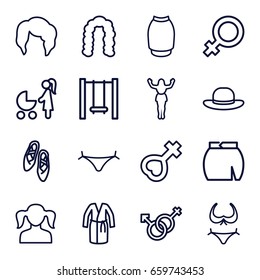 Girl icons set. set of 16 girl outline icons such as female, girl, hairstyle, woman hairstyle, panties with heart, bikini, dress, skirt, woman hat, male and female, swing